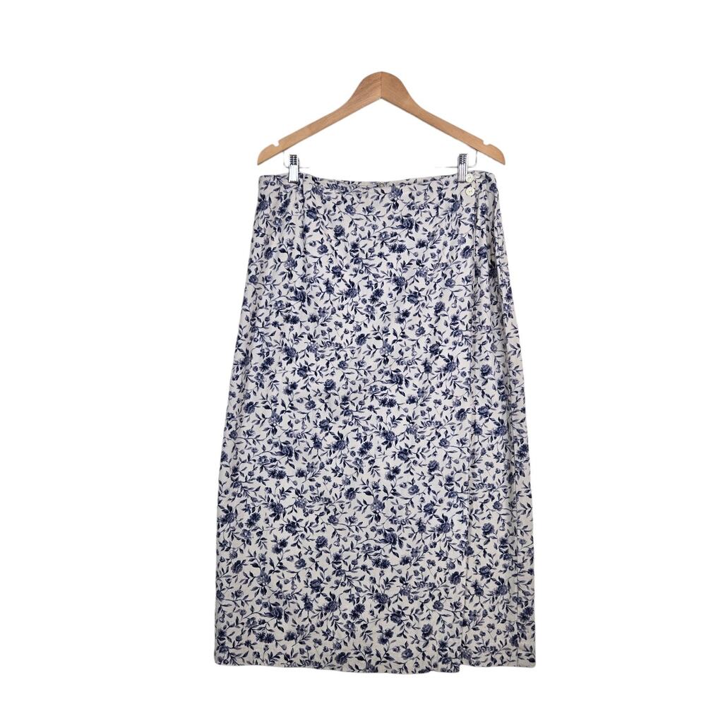 Vintage 90s Talbots Floral Midi Skirt XL Blue Ivory Linen Blend Cottagecore